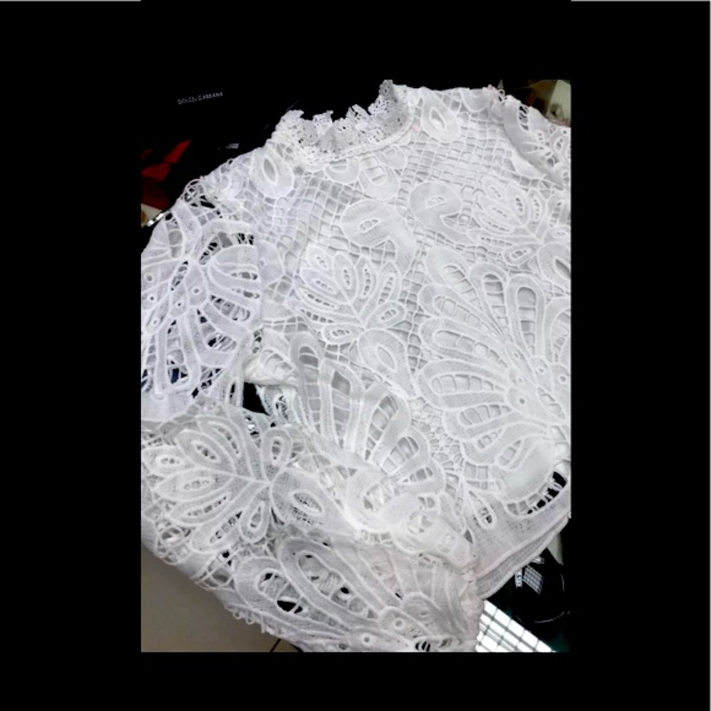 Boho Soft White Scalloped Lace Ballon Sleeve Crochet Top. Zipper Back - Picture 6 of 6